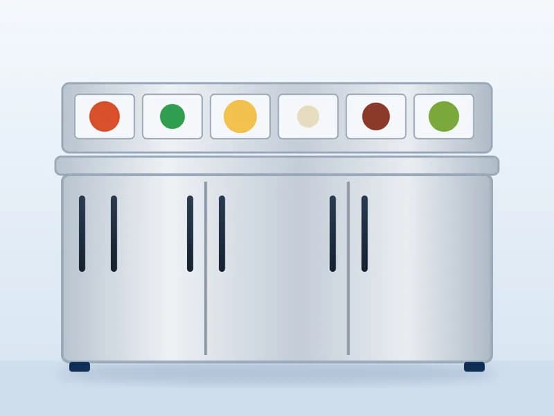 Mesa refrigerada para pizzería con contenedores de ingredientes